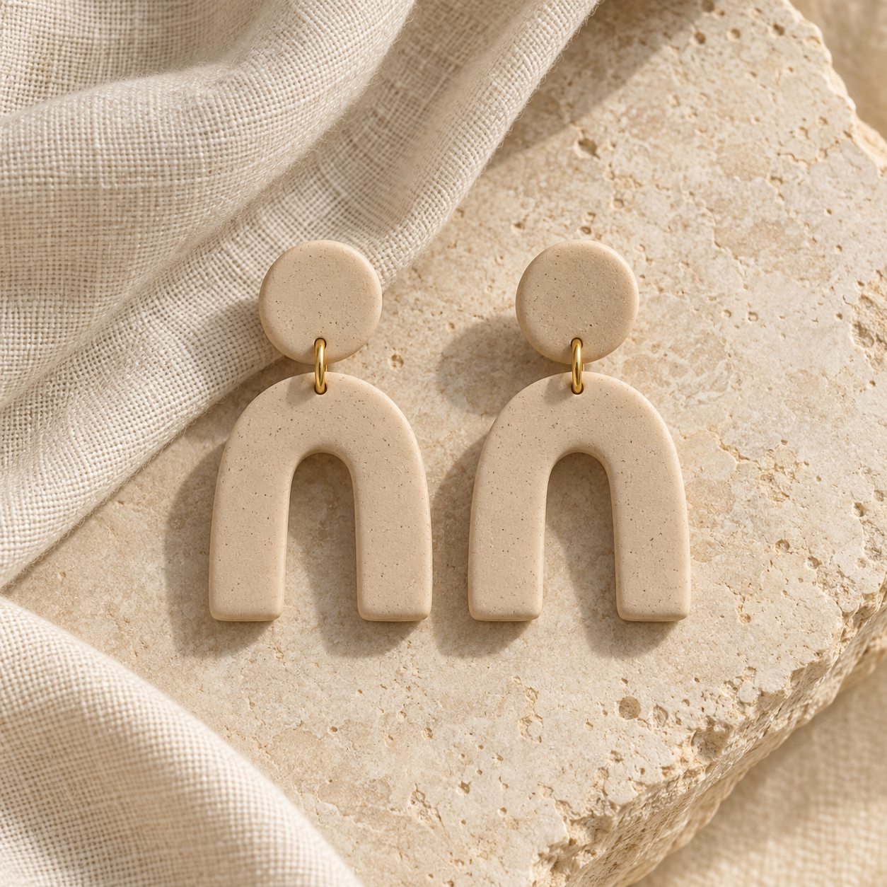 Modelo ilustrativo de pendientes de arco beige sobre un fondo natural