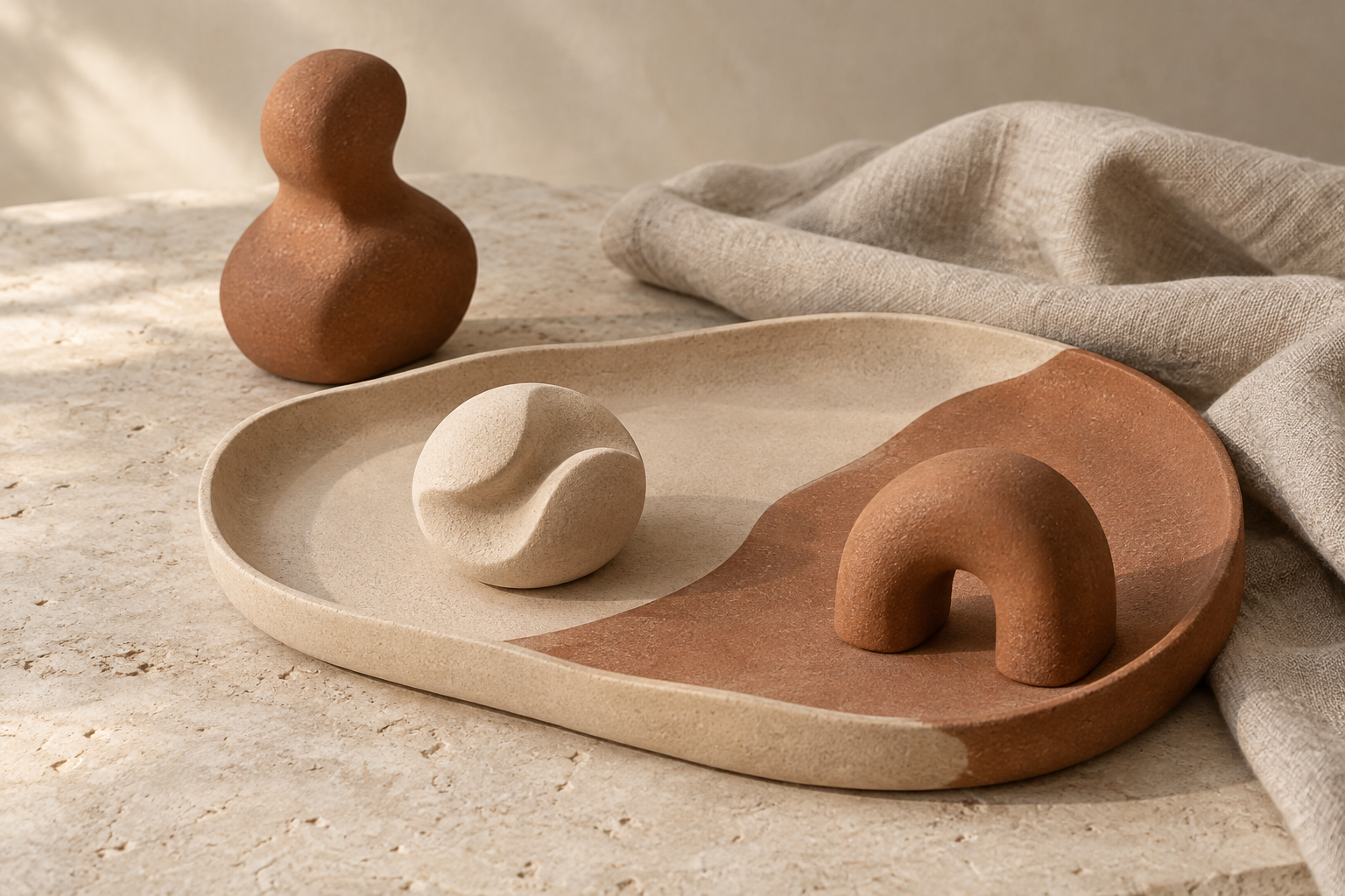 Composición ilustrativa de una bandeja y objetos decorativos de acabado mineral en tonos crema y terracota